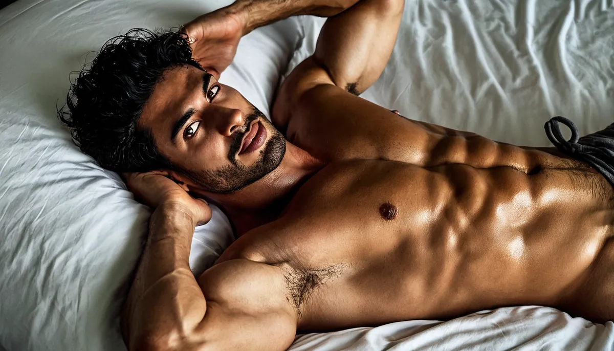 Shirtless man with dark curly hair lying on white sheets, AI-generated decorative image