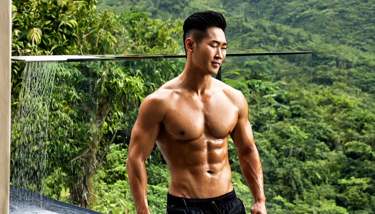 Shirtless man in black shorts under an outdoor shower with a jungle view, AI-generated decorative image