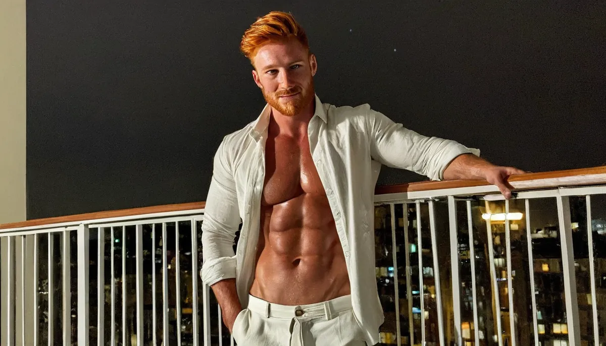 Muscular man with swept-back ginger hair and a beard in an open white linen shirt on a hotel balcony at night, AI-generated illustration