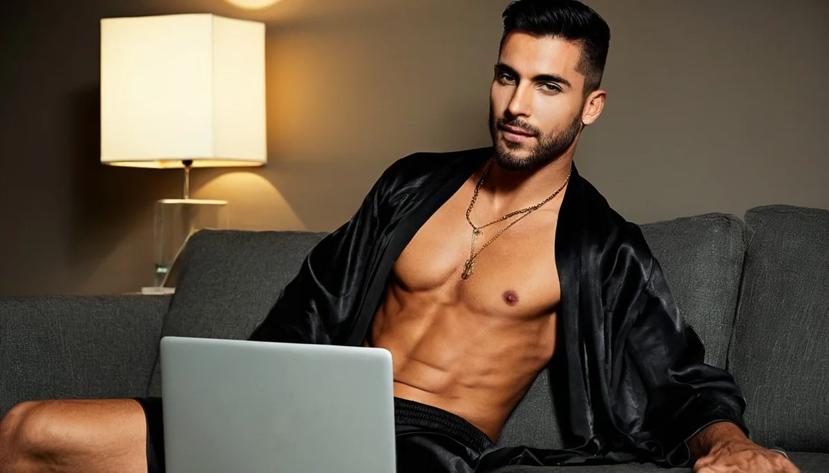 Man with a dark undercut, short beard and gold chain in an open black satin robe, reclining on a grey sofa beside a laptop and a warm lamp, AI-generated illustration