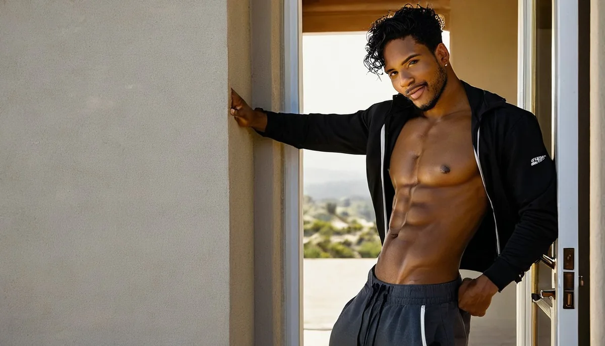 Athletic Black man with short twists and a trimmed beard in an open black track jacket and grey joggers, leaning in a sunlit doorway, AI-generated illustration