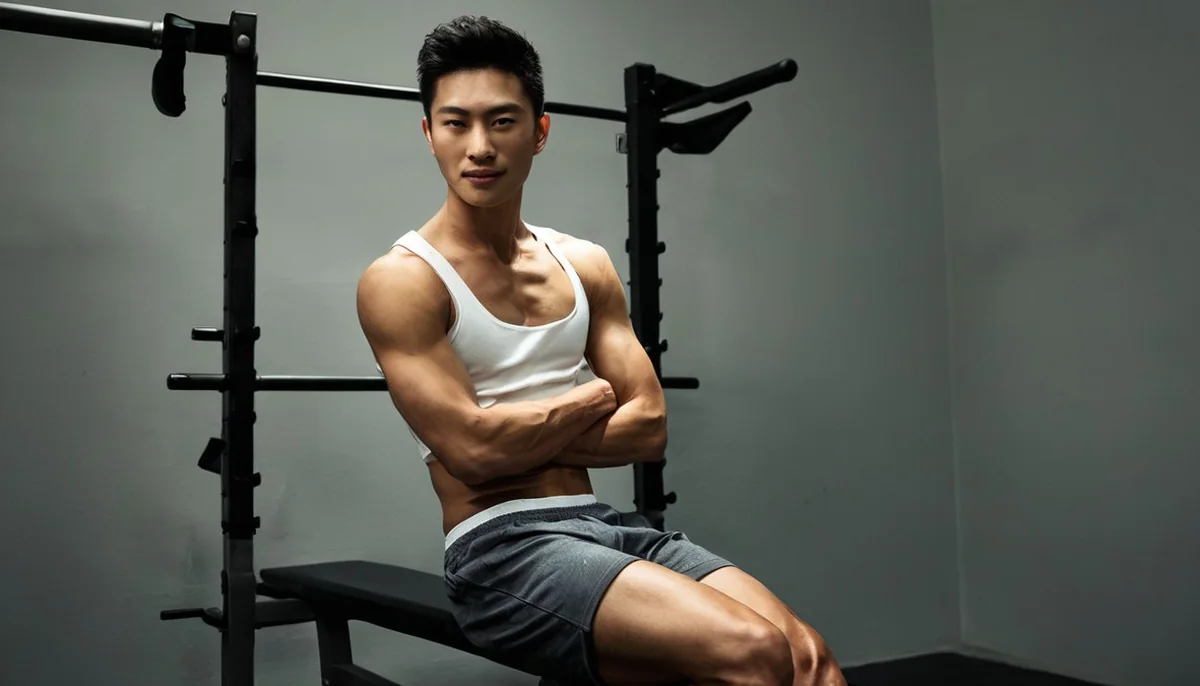 Athletic East Asian man with a textured quiff in a white tank top and grey shorts, arms crossed, sitting on a gym bench by a squat rack, AI-generated illustration