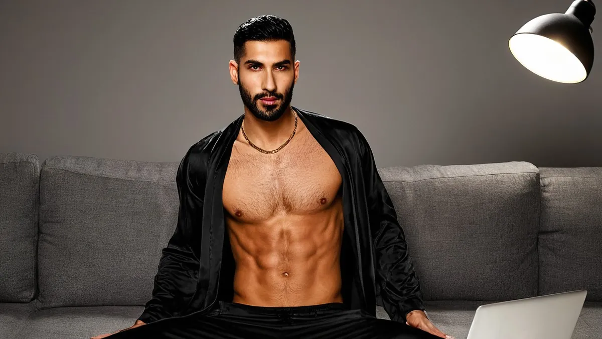 Bearded man with a dark undercut and a gold chain in an open black silk robe, seated on a grey sofa beside a laptop, AI-generated illustration