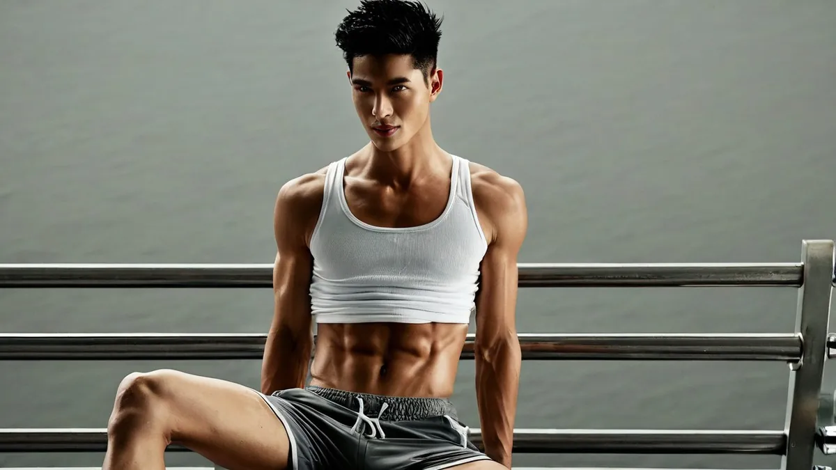 Muscular man with a textured quiff in a white tank top and grey shorts, seated on a gym bench, AI-generated illustration