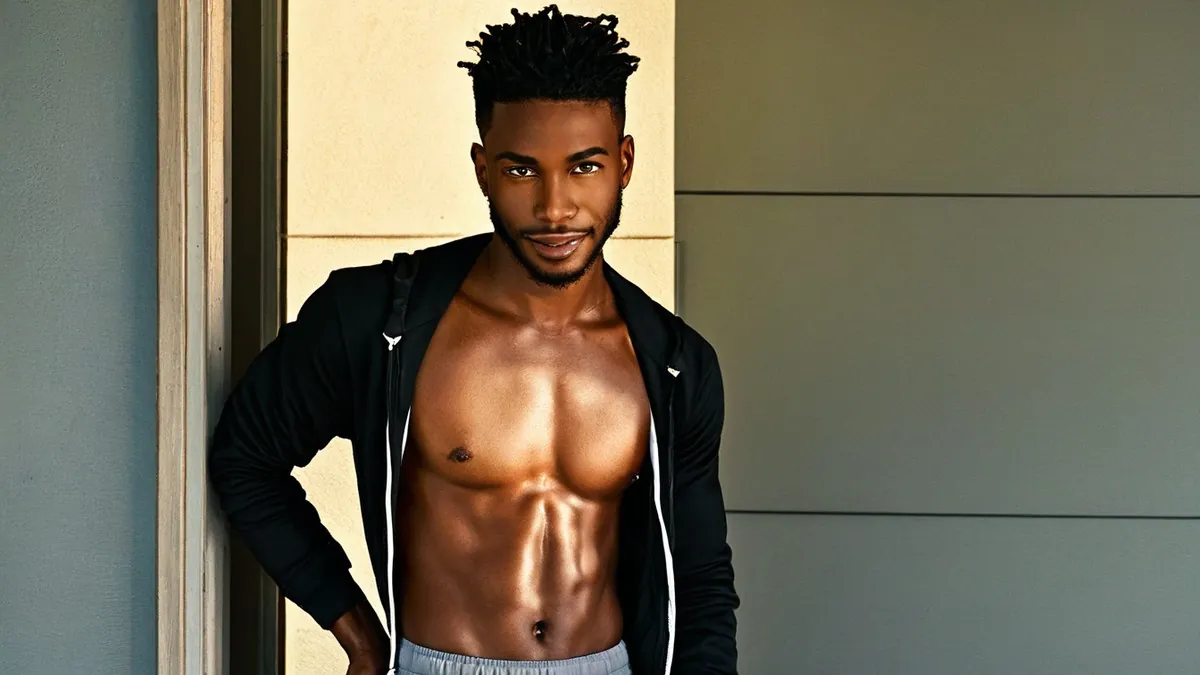 Shirtless man with short locs in an open black hoodie, leaning in a doorway, AI-generated decorative image